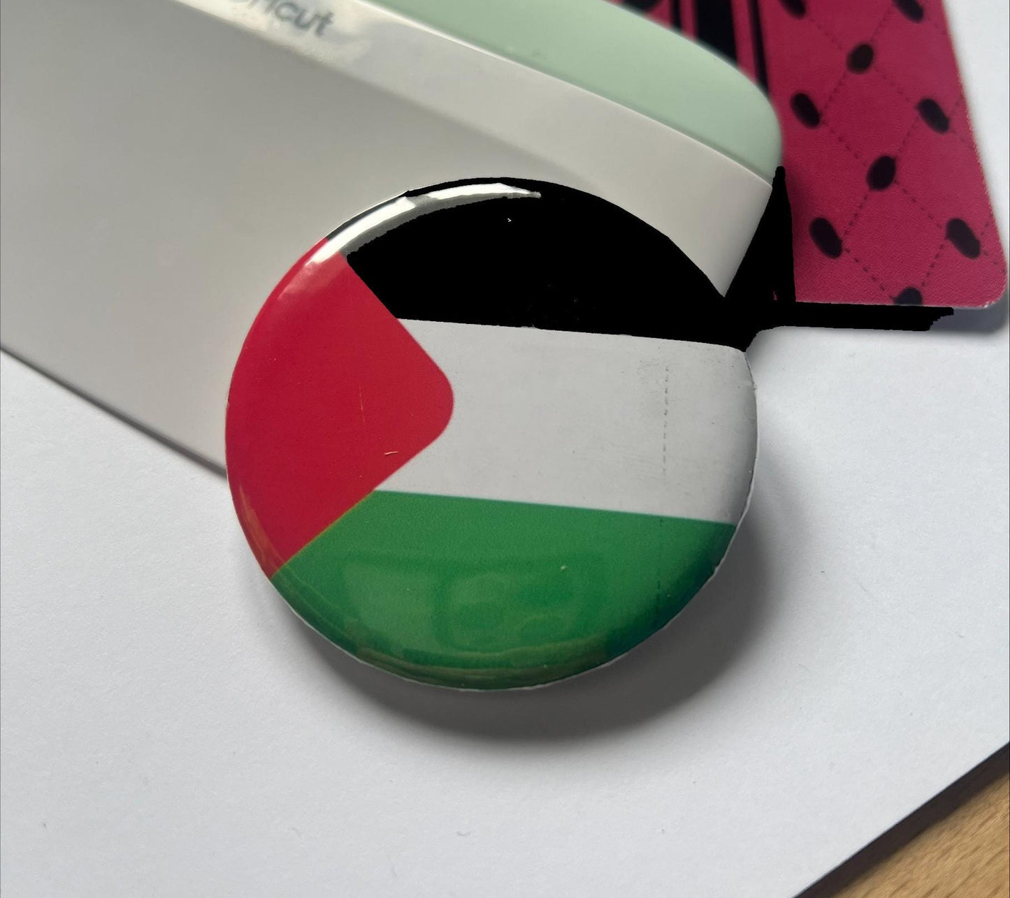 Bold Palestine Badge – Round Pin with Keffiyeh Pattern & Watermelon Illustration – Cultural Statement - Perfect Activist Gift