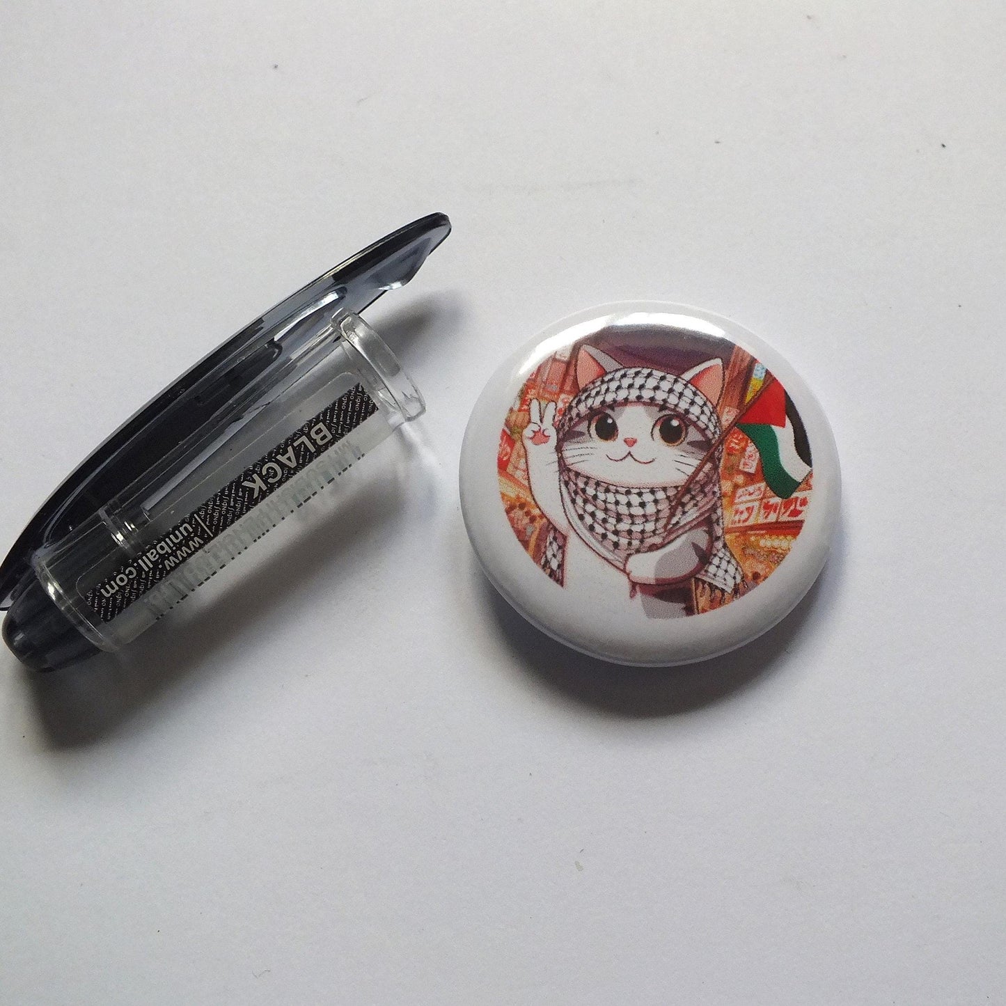 Round Metal Pin for Gaza – Cat with Palestinian Flag and Watermelon – Protest Art with Cute Twist - Activist Metal Badge for Backpack