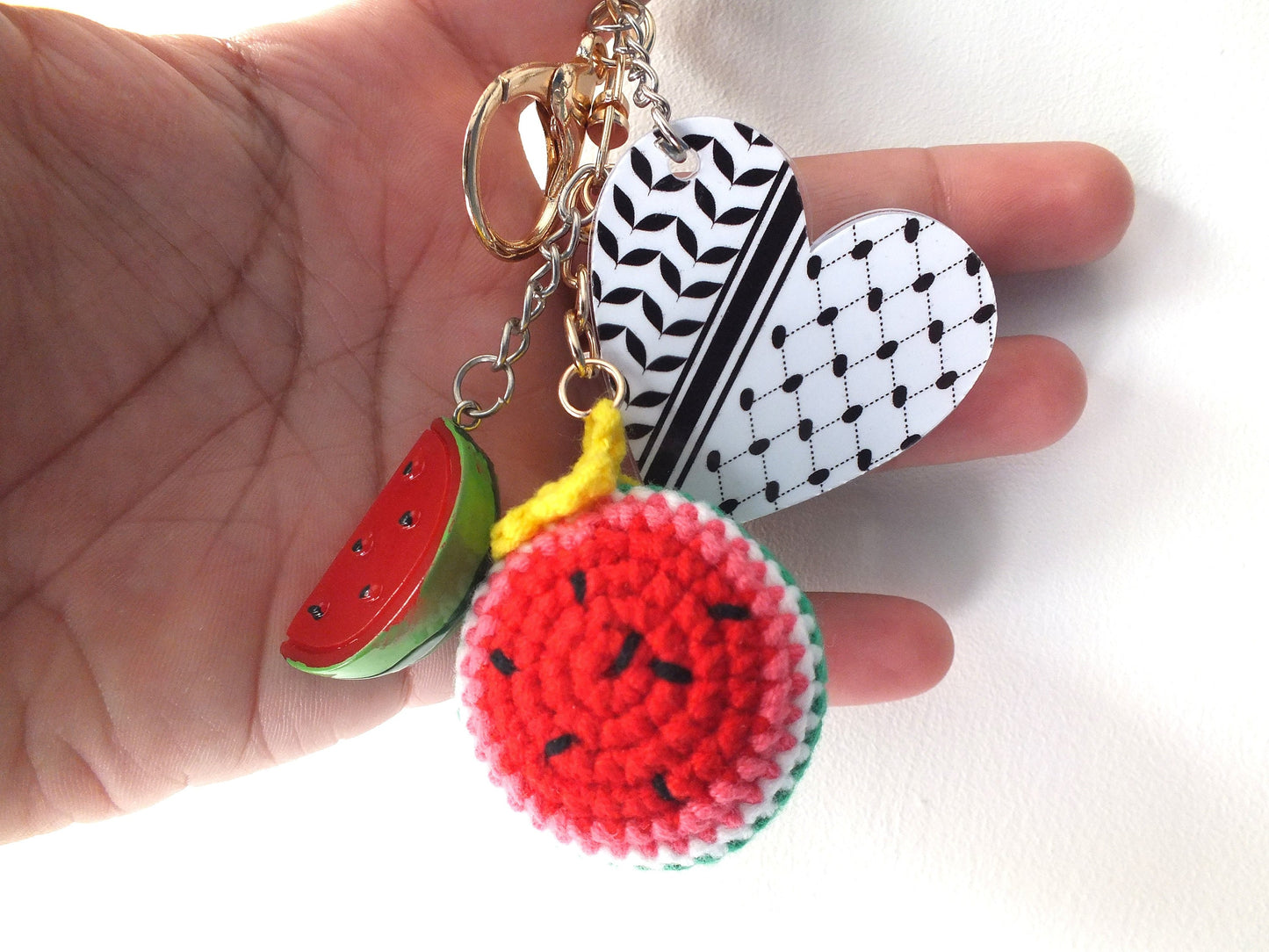 Pro Palestine Keychain – Acrylic Heart with Keffiyeh Print & 3D Watermelon Charm – Solidarity Gift with Crochet Watermelon