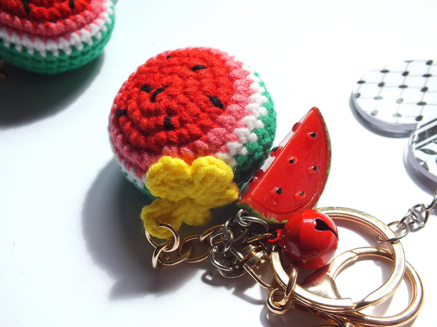 Pro Palestine Keychain – Acrylic Heart with Keffiyeh Print & 3D Watermelon Charm – Solidarity Gift with Crochet Watermelon