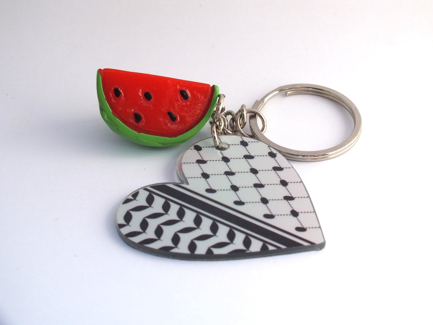 Palestine Watermelon Purse Accessories - Resistance Keychain – Keffiyeh Print Heart + Enamel Watermelon Charm – Cultural Activist Gift