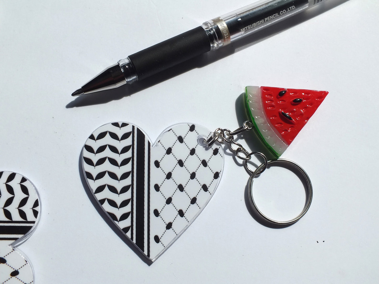 Pro Palestine Activist Keychain – Palestinian Heart in Keffiyeh Print + Watermelon Symbol Charms - Social Justice Conscious Gift