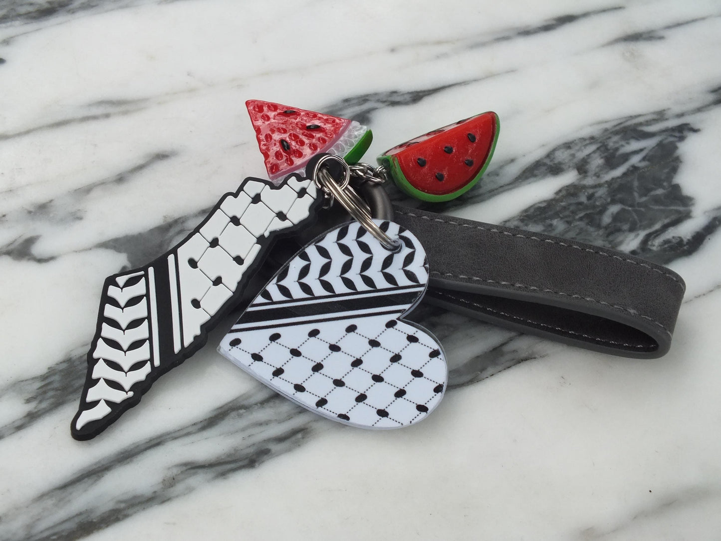 Leather Keychain for Palestine in Solidarity with Gaza - Watermelon Enamel Charms & Keffiyeh Acrylic Heart - Palestinian Heritage Print