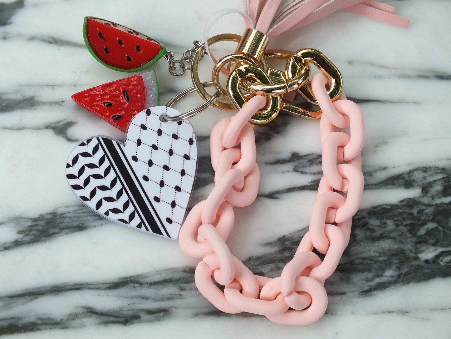 Free Palestine Keychain – Keffiyeh Heart with Watermelon Charm – Resistance Art Accessory - Cultural Activist Gift in Solidarity with Gaza