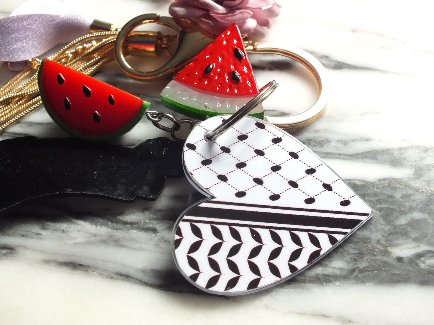 Watermelon Keyring with Keffiyeh Charms for Palestine - Cute Flower Keychain – Acrylic Keffiyeh Heart + Watermelon Charms – Conscious Gift