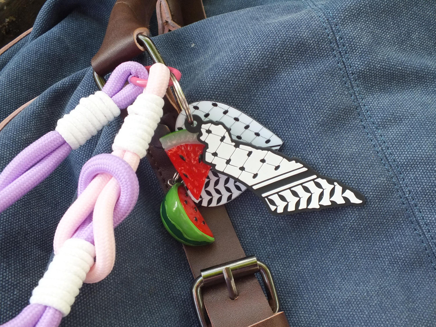 Palestine Car Keychain - Palestinian Symbol Keychain – Heart with Keffiyeh & Watermelon – Handmade Political Gift for Gaza Charity