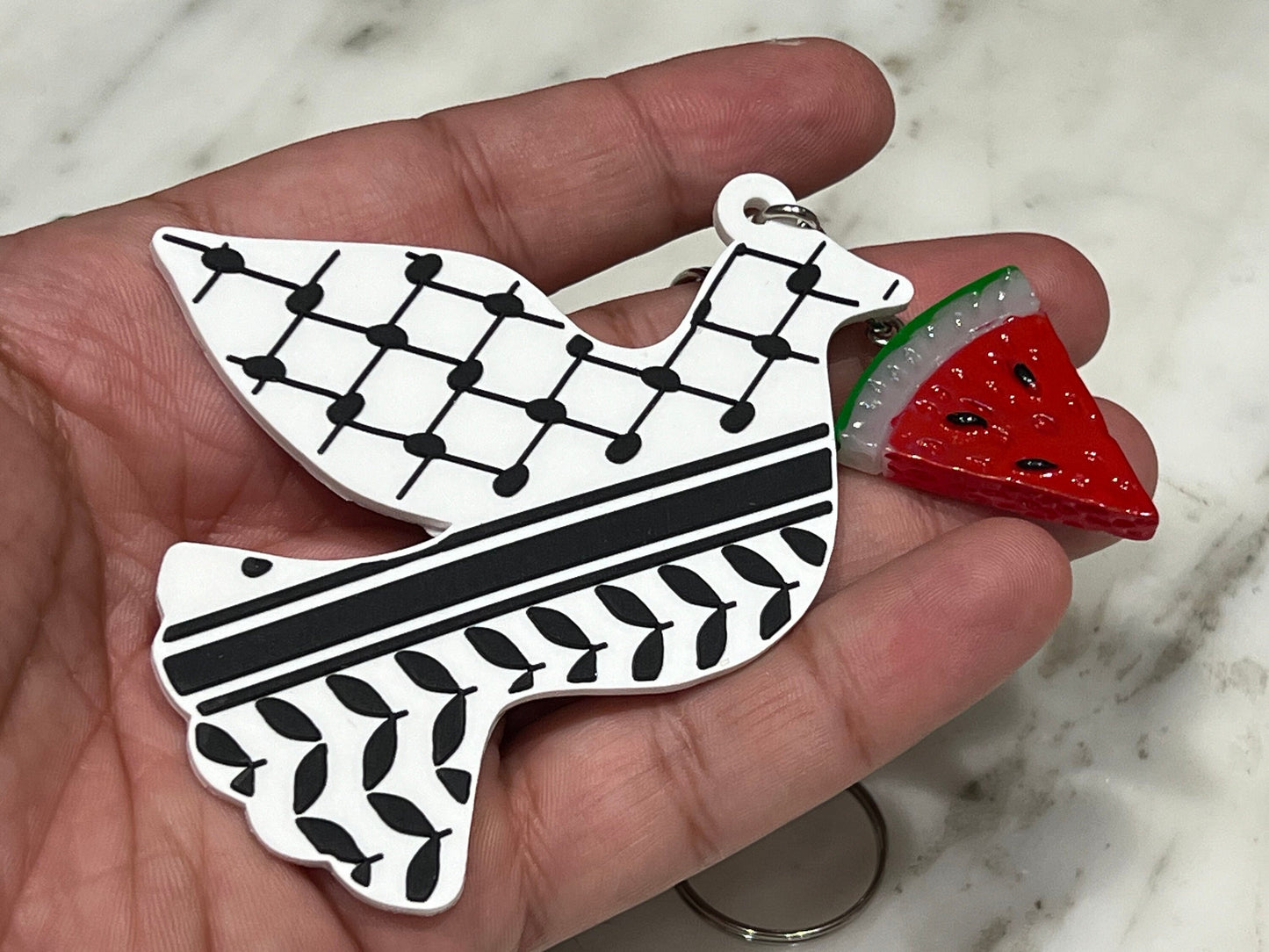 Peace Dove Keychain with Keffiyeh Pattern Charm - Activist Keychain – Palestine Heart in Keffiyeh Print + 3D Enamel Watermelon Charms
