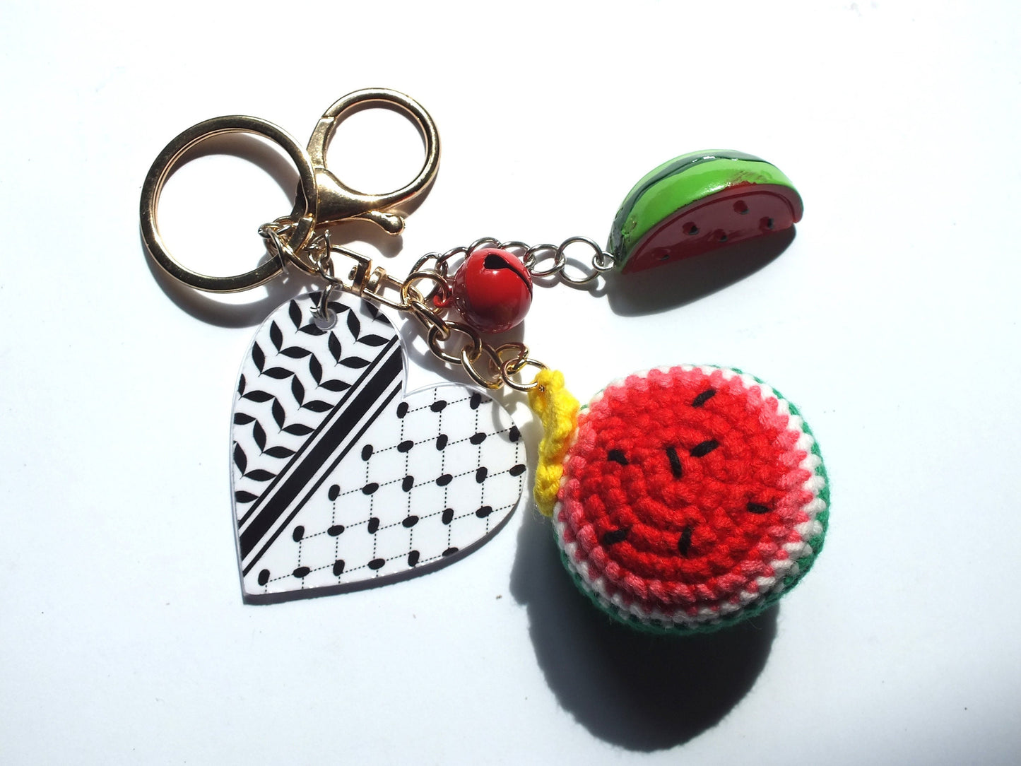 Pro Palestine Keychain – Acrylic Heart with Keffiyeh Print & 3D Watermelon Charm – Solidarity Gift with Crochet Watermelon