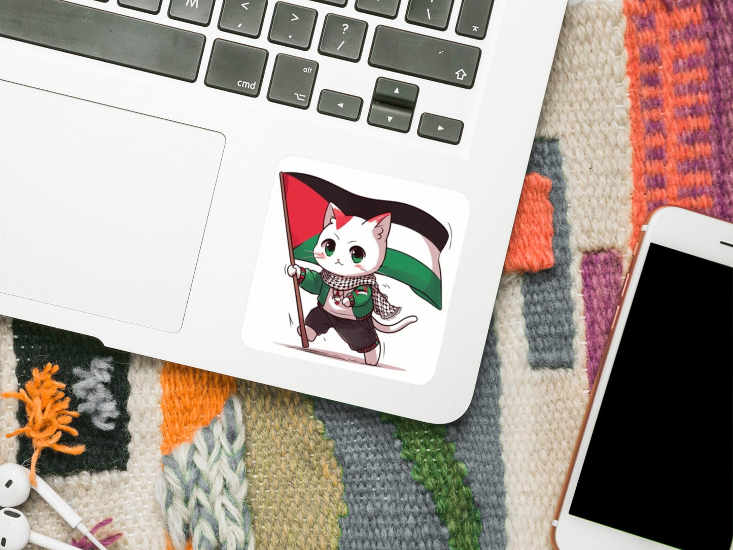 Palestinian Flag Decal – Glossy Vinyl Sticker for Car, Water Bottle, Laptop – Support Freedom of Gaza with Palestine Cat with Keffiyeh Decal
