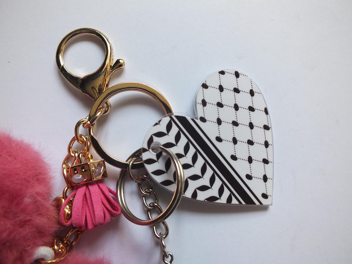 Pink Heart Keyring - Gaza Activist Keychain – Palestine Heart in Keffiyeh Print + Watermelon Symbol Charm - New Car Gift for Gaza Supporter