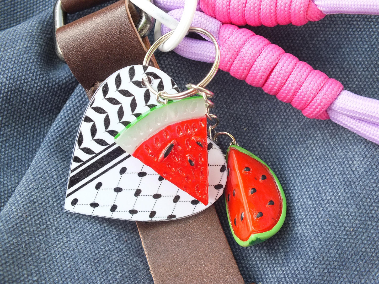 Palestine Car Keychain - Palestinian Symbol Keychain – Heart with Keffiyeh & Watermelon – Handmade Political Gift for Gaza Charity