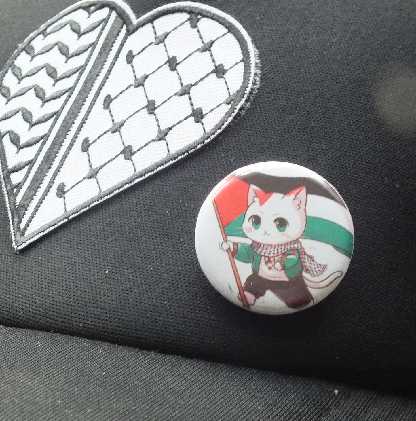 Pro Palestine Cat Activist Pin – Watermelon & Keffiyeh Palestine Flag Design – Cute Resistance Gift Idea - Palestine Pride Art for Clothing
