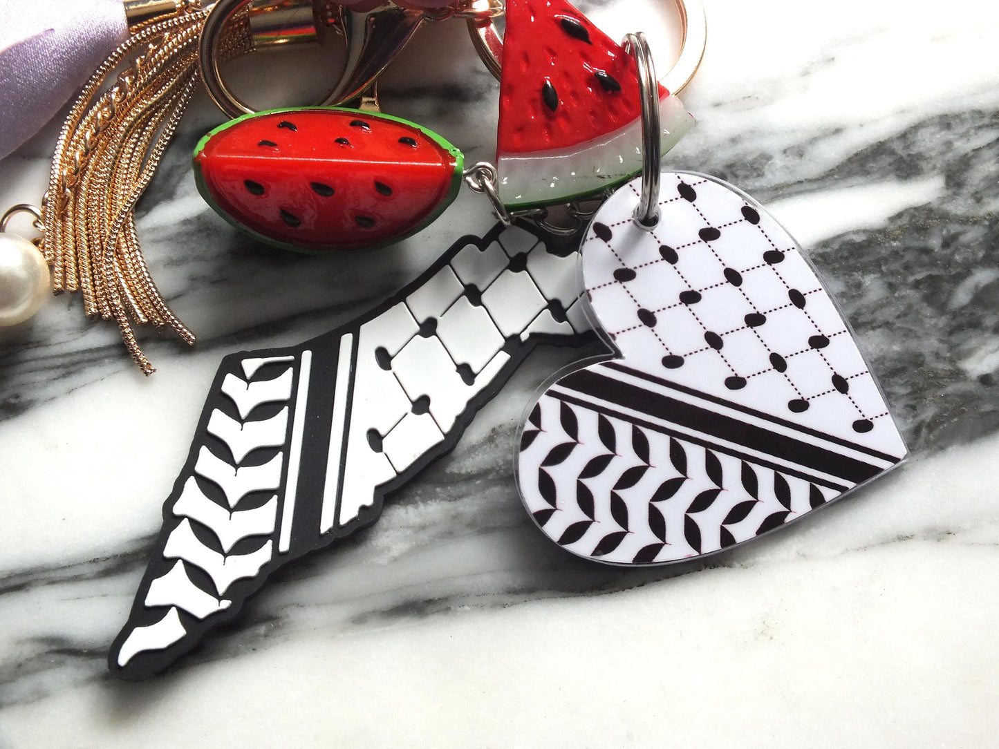 Watermelon Keyring with Keffiyeh Charms for Palestine - Cute Flower Keychain – Acrylic Keffiyeh Heart + Watermelon Charms – Conscious Gift