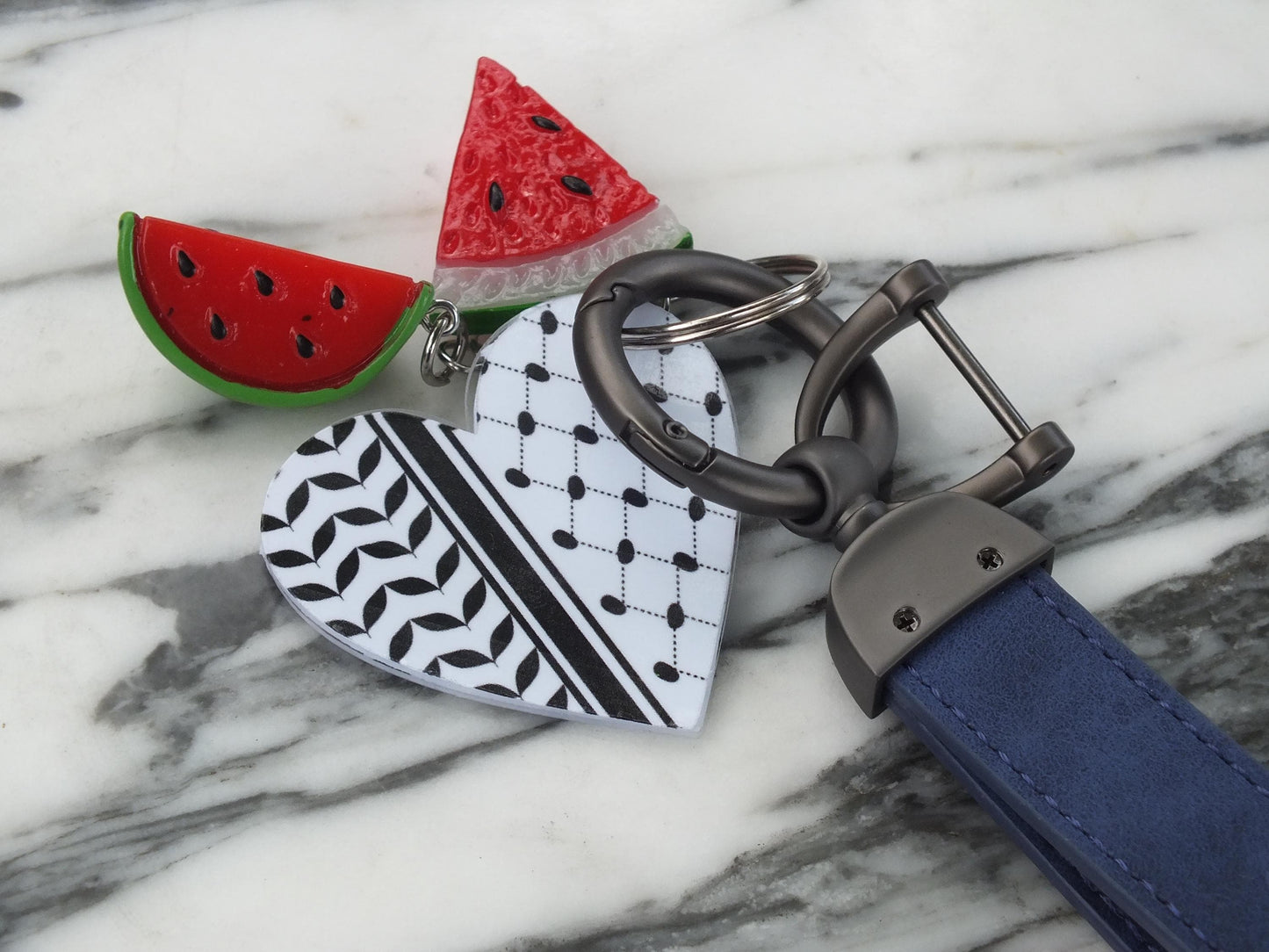 Leather Keychain for Palestine in Solidarity with Gaza - Watermelon Enamel Charms & Keffiyeh Acrylic Heart - Palestinian Heritage Print
