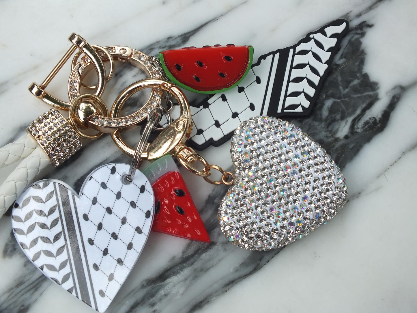 Acrylic Heart Keychain for Gaza – Keffiyeh Pattern with Watermelon Charms – Pro Palestine Gift Idea with Proceeds donated to Charity