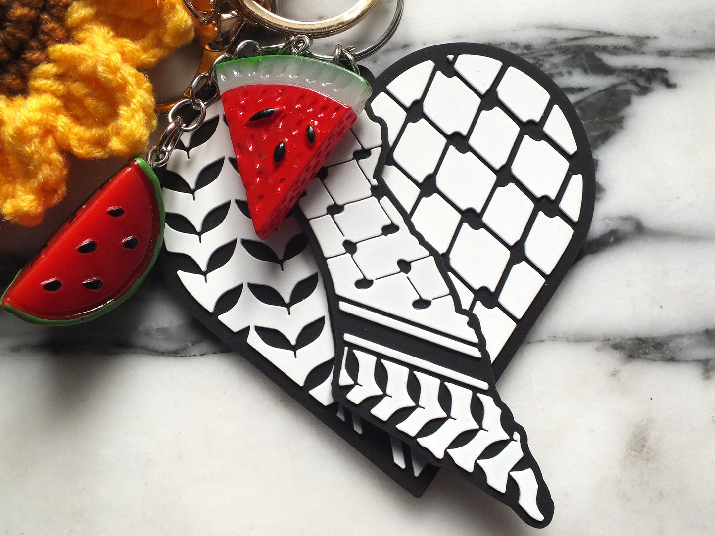 Free Palestine Keyring with Floral Charms - Keffiyeh Embroidery Pattern Charms with Map of Palestine and Watermelon - Proceeds to Gaza