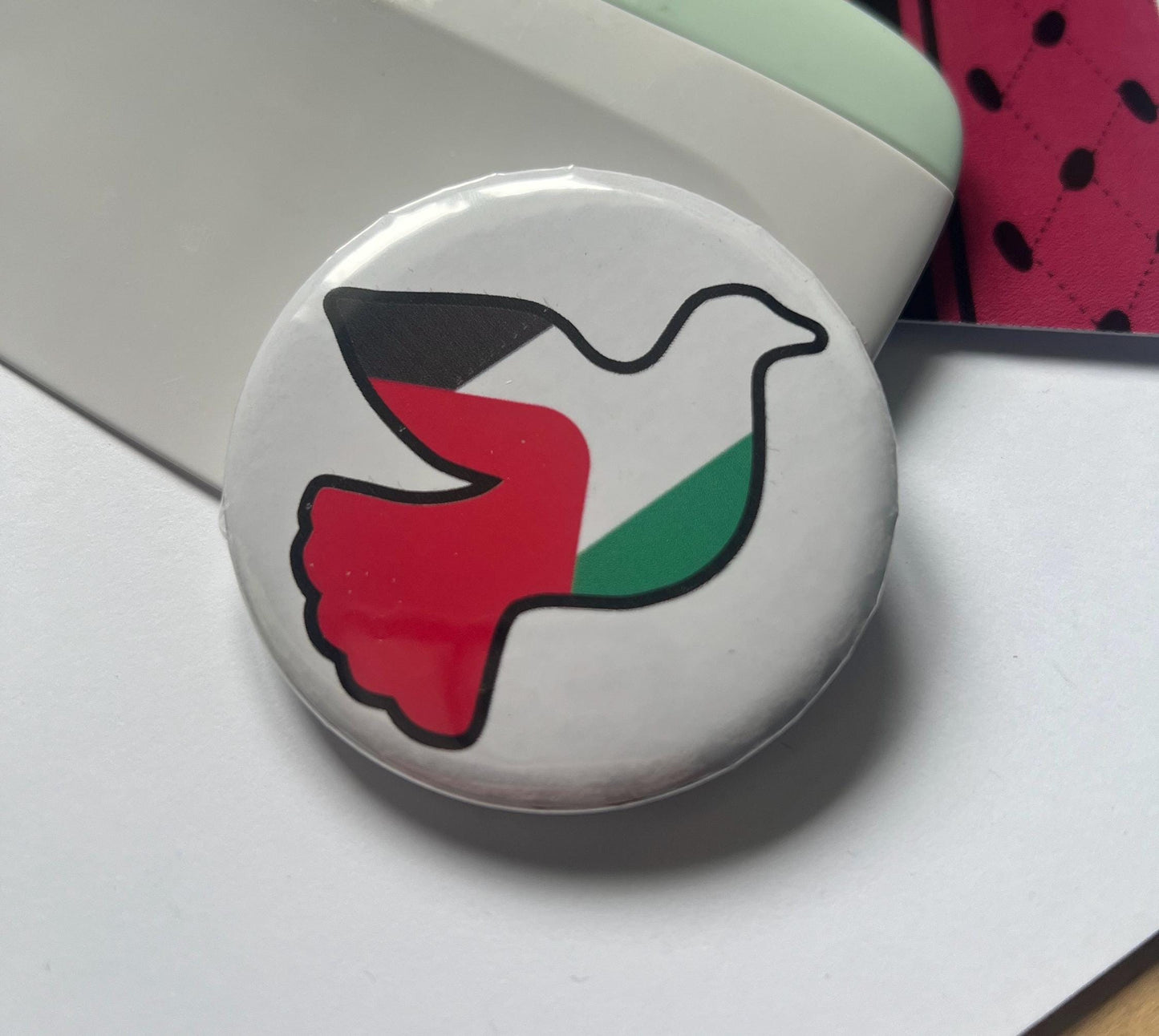 Bold Palestine Badge – Round Pin with Keffiyeh Pattern & Watermelon Illustration – Cultural Statement - Perfect Activist Gift