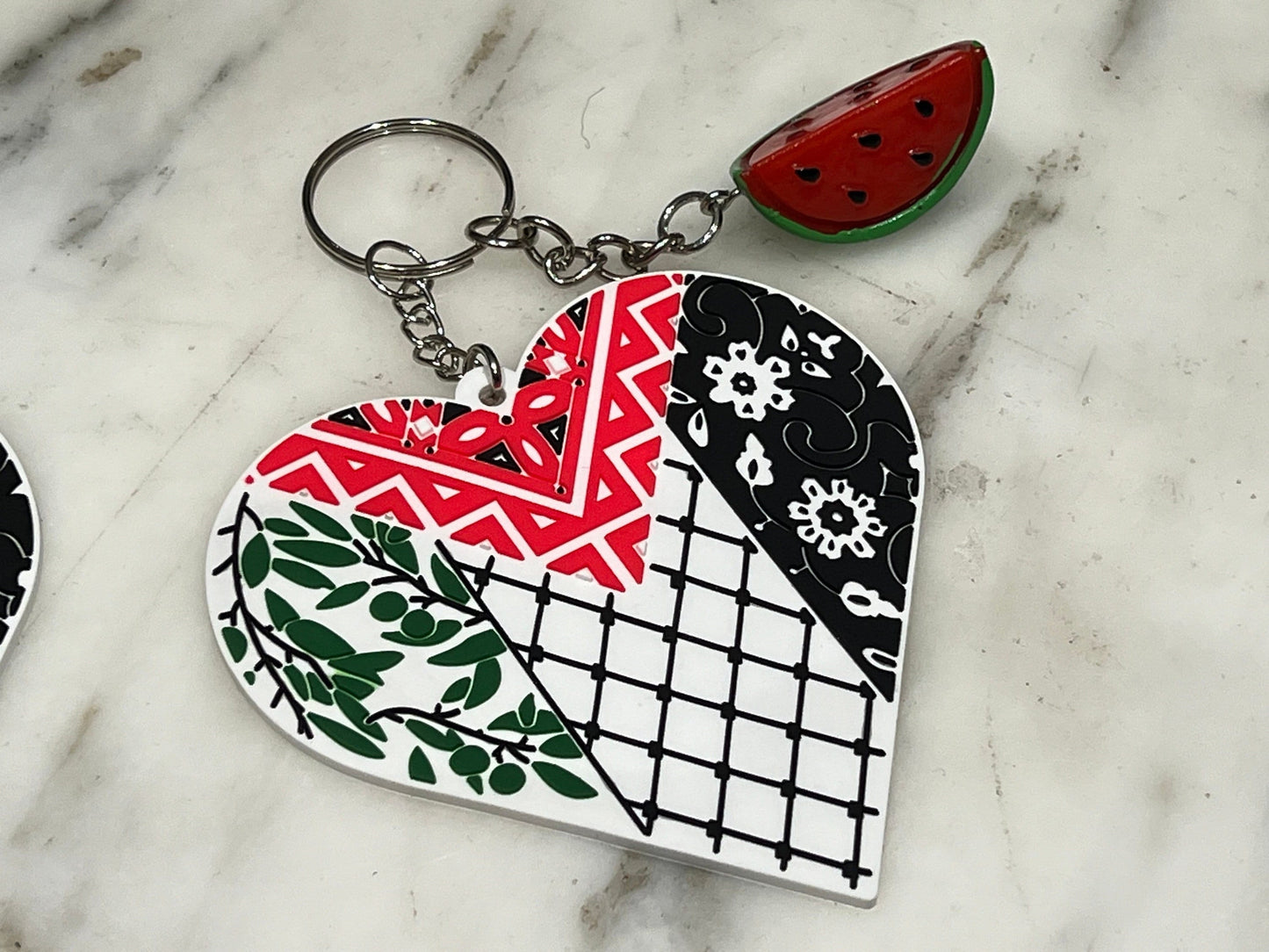 Palestinian Flag Keychain - Resistance Keychain – Keffiyeh Print Heart + Enamel Watermelon – Cultural Activist Gift for Gaza Supporter