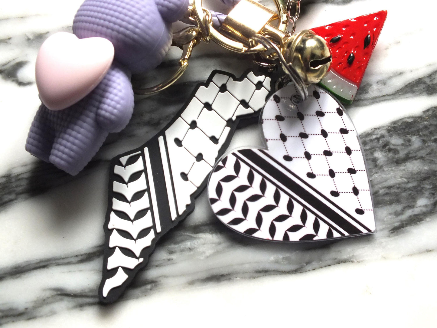 Keyring for Palestine with Watermelon Charms - Keffiyeh Heart & Teddy Bear - Free Palestine Keyring Gift - Palestinian Bag Charms for Gaza