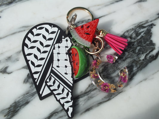 Handmade Palestine Keychain – Acrylic Keffiyeh Heart with 3D Watermelon - Solidarity with Palestine - Floral Resin Initial