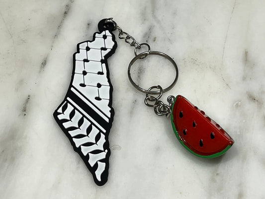 Palestinian Symbol Keychain – Heart with Keffiyeh & Watermelon – Handmade Political Gift with the Map of Palestine for Supporters