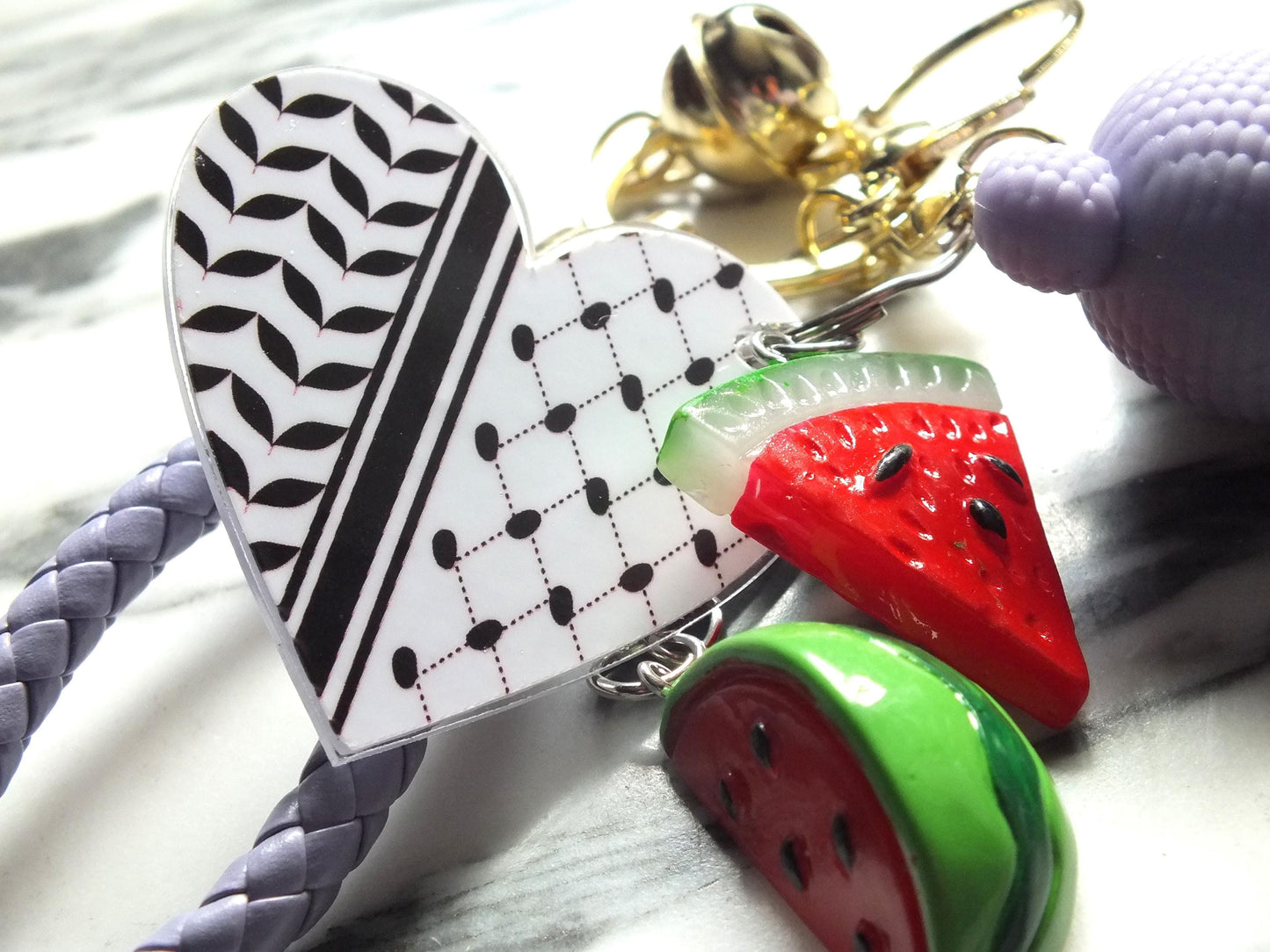Keyring for Palestine with Watermelon Charms - Keffiyeh Heart & Teddy Bear - Free Palestine Keyring Gift - Palestinian Bag Charms for Gaza
