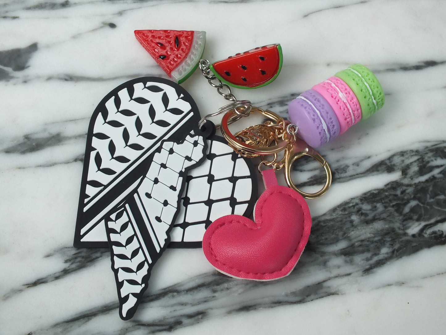 Soft Heart Keychain - Palestinian Symbol Keychain – Heart with Keffiyeh Pattern Print & Watermelon Charm – Handmade Political Gift