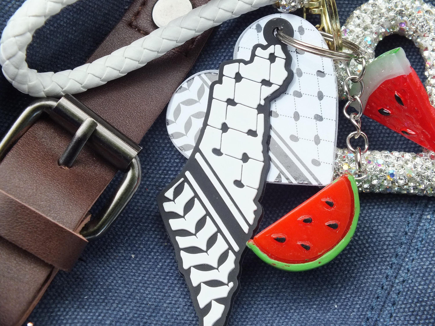 Palestine Keychain – Heart-Shaped Keffiyeh Acrylic + Watermelon Charm – Activist Gift with Love Heart Bag Charm - Gift for Supporter
