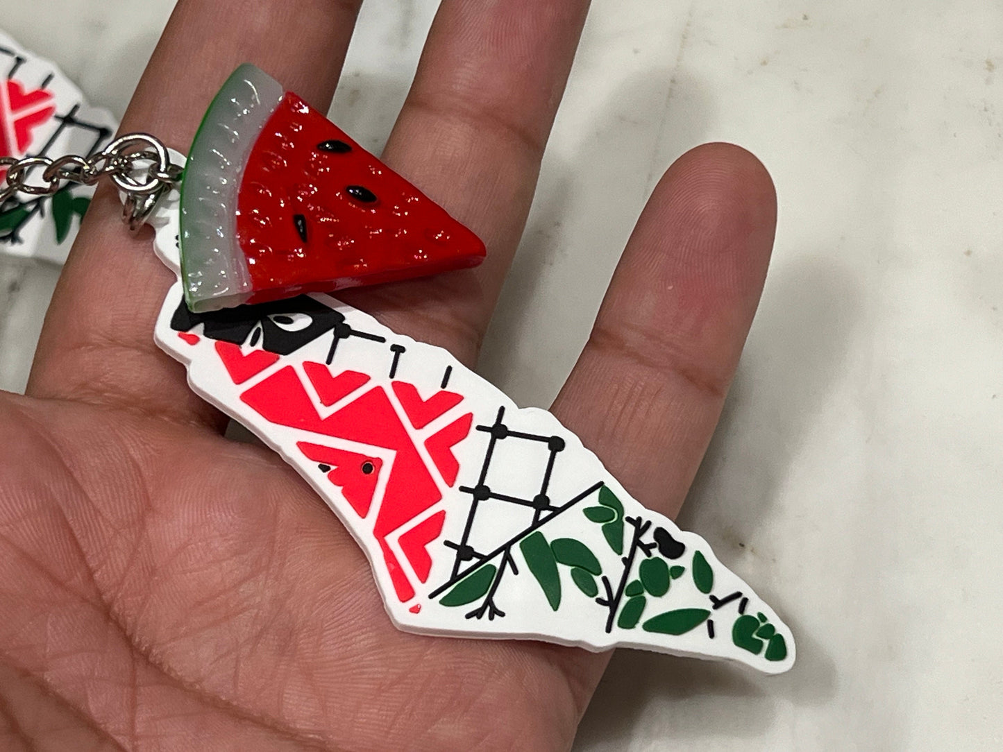 Palestinian Map and Flag Keyring – Heart-Shaped Keffiyeh Acrylic + Watermelon Charm – Activist Gift in Solidarity with Gaza