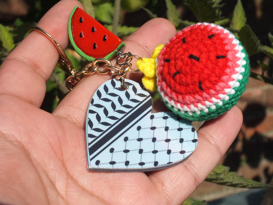 Palestine Watermelon Purse Accessories - Resistance Keychain – Keffiyeh Print Heart + Enamel Watermelon Charm – Cultural Activist Gift