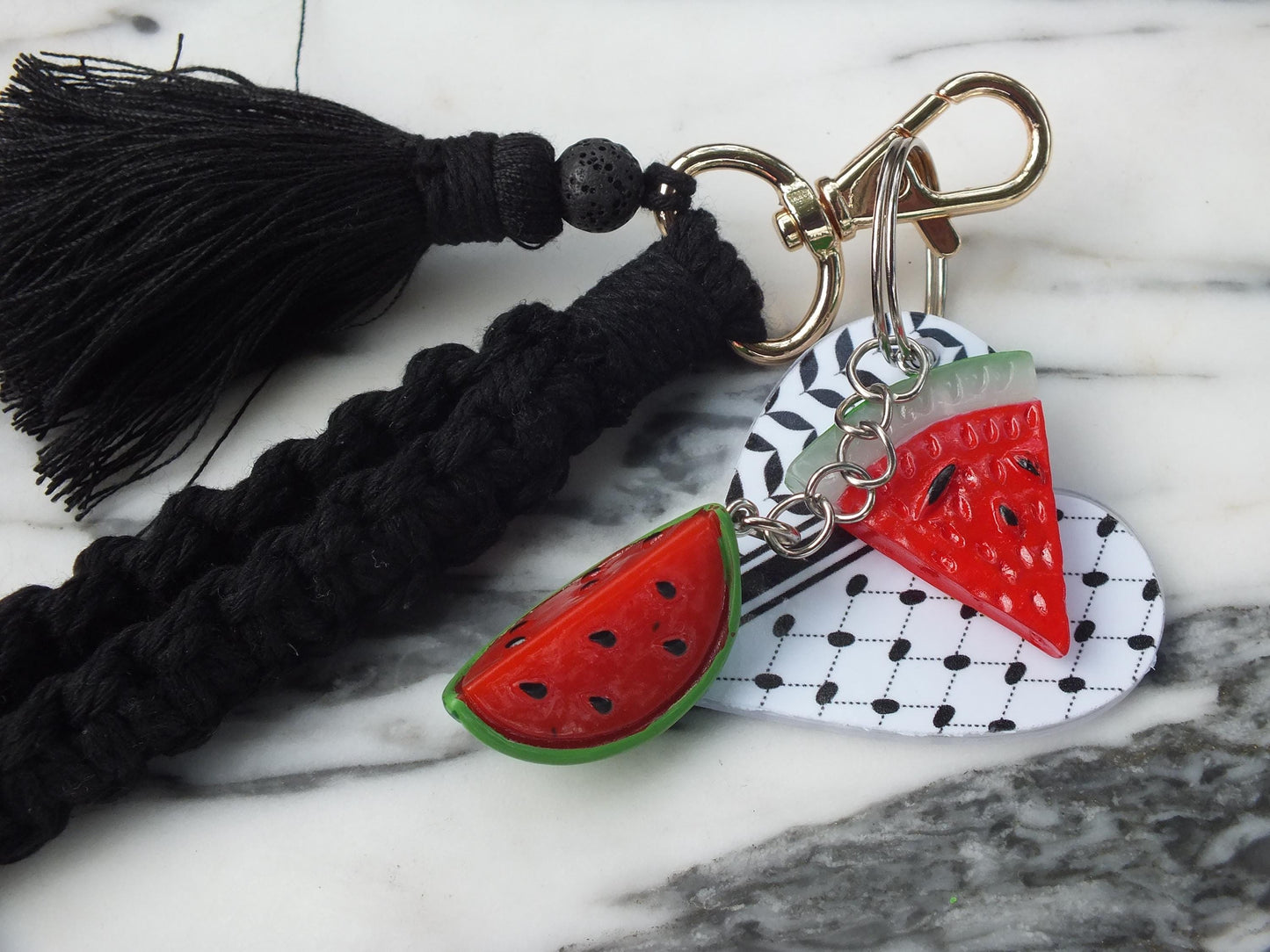 Pro Palestine Keychain – Cultural Heart Keychain – Keffiyeh Acrylic + Watermelon Charm – Stand in Solidarity with Palestine for Gaza