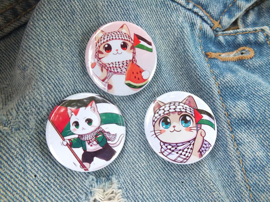 Pro Palestine Cat Activist Pin – Watermelon & Keffiyeh Palestine Flag Design – Cute Resistance Gift Idea - Palestine Pride Art for Clothing