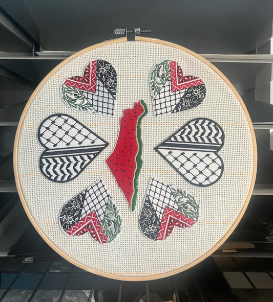 Palestinian Patch Embroidery Hoop – 23cm Wall Art with Resistance Symbols, Keffiyeh Pattern & Cultural Motifs, Handmade Home Decor Gift