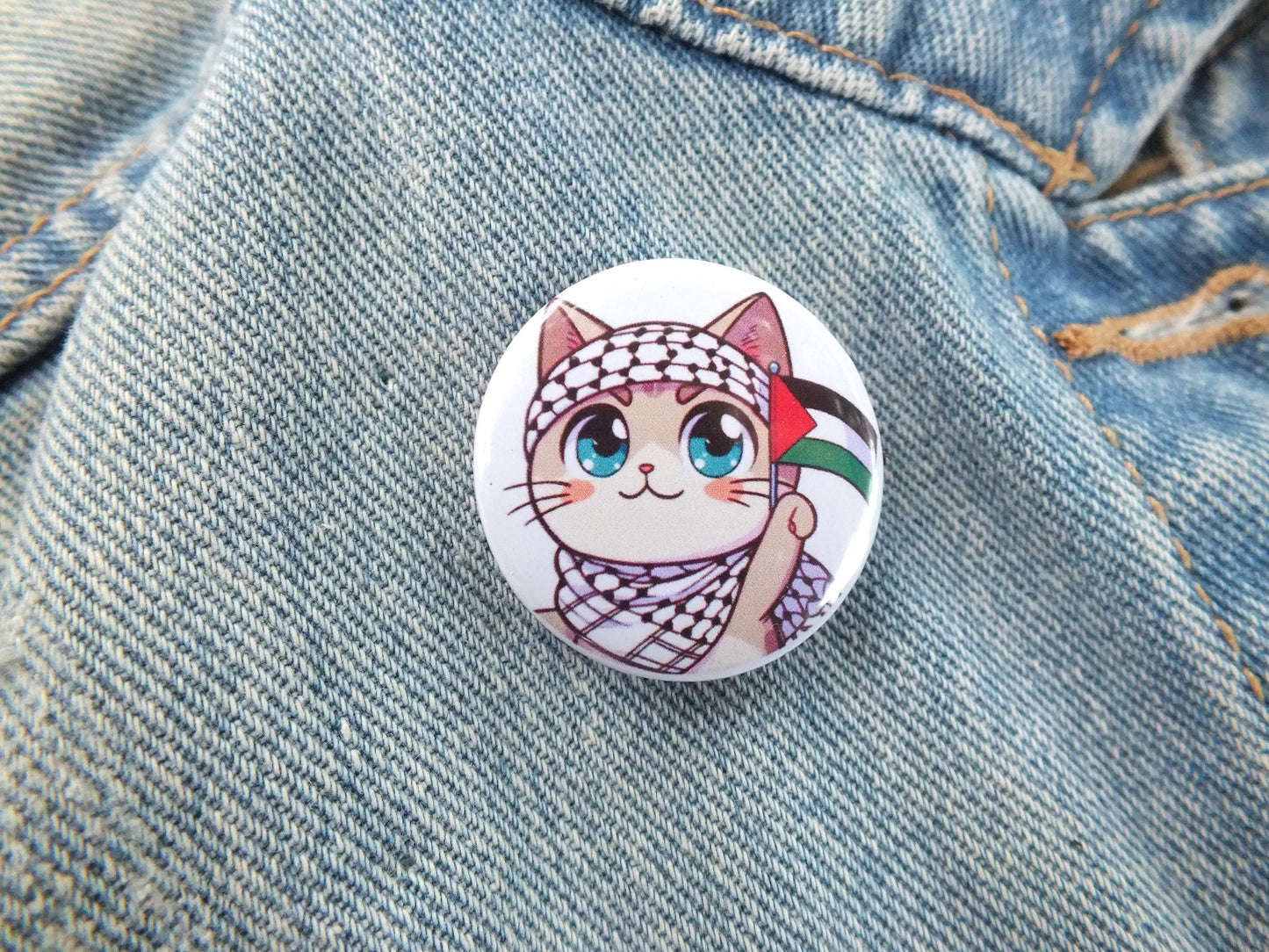 Palestinian Cat Badge – Keffiyeh Cat with Watermelon and Flag – Round Pin for Jacket or Backpack - Palestine Supporter Gift