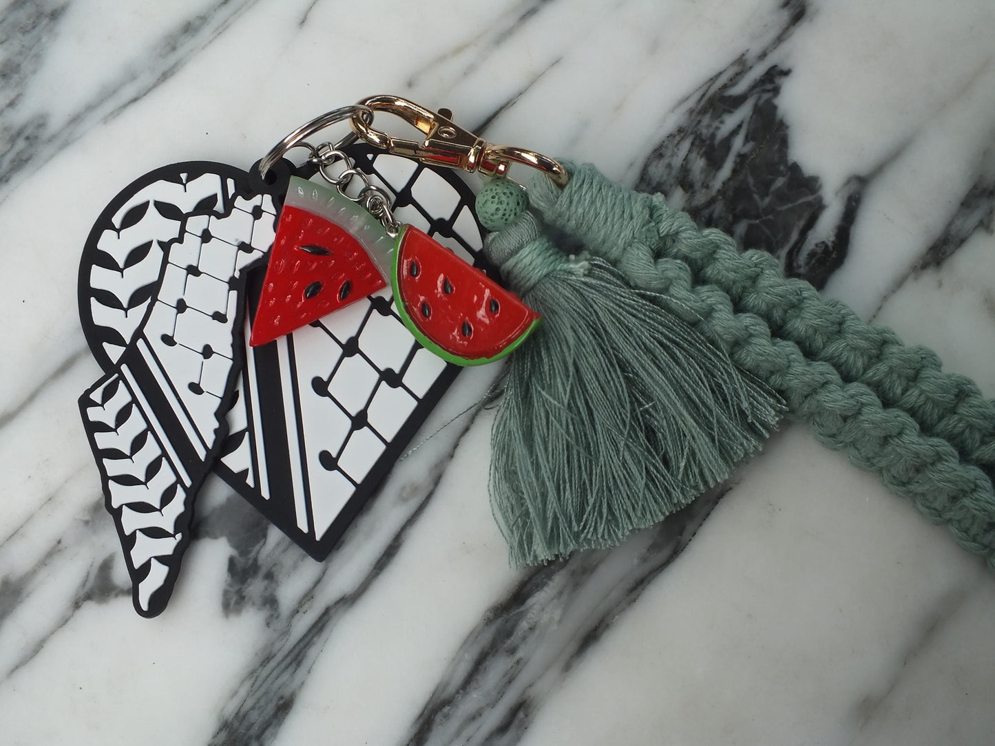 Pro Palestine Keychain – Cultural Heart Keychain – Keffiyeh Acrylic + Watermelon Charm – Stand in Solidarity with Palestine for Gaza
