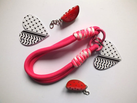 Palestine Keychain – Heart-Shaped Keffiyeh Acrylic + Watermelon Charm – Activist Gift - New Car Gift for Pro Palestinian - Pink Keyring