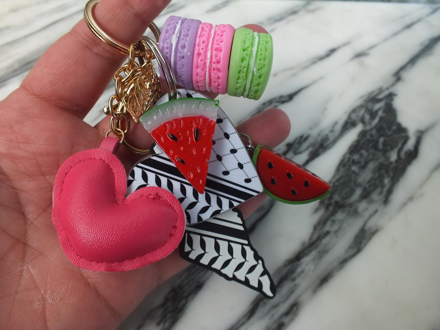 Soft Heart Keychain - Palestinian Symbol Keychain – Heart with Keffiyeh Pattern Print & Watermelon Charm – Handmade Political Gift