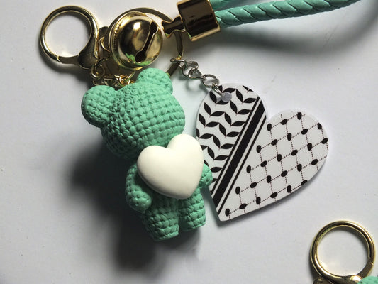 Teddy Bear Keyring with Watermelon Charm for Palestine - Palestinian Symbol Keychain – Heart with Keffiyeh & Watermelon – Handmade Gift