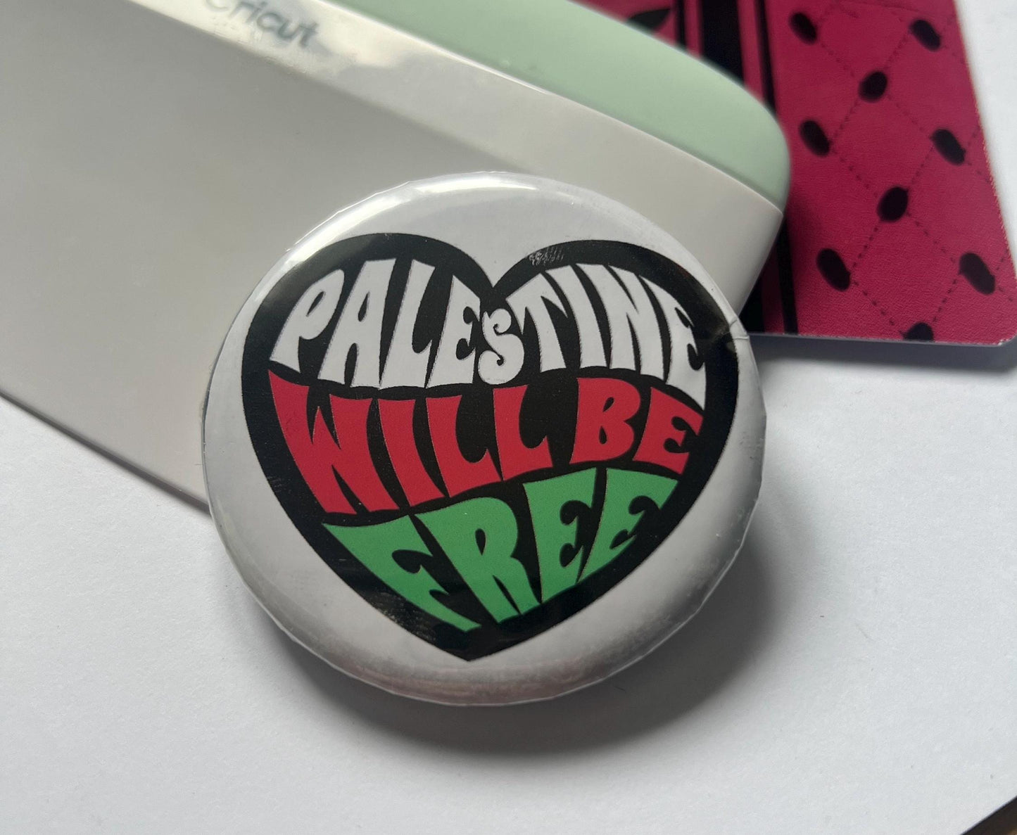 Bold Palestine Badge – Round Pin with Keffiyeh Pattern & Watermelon Illustration – Cultural Statement - Perfect Activist Gift