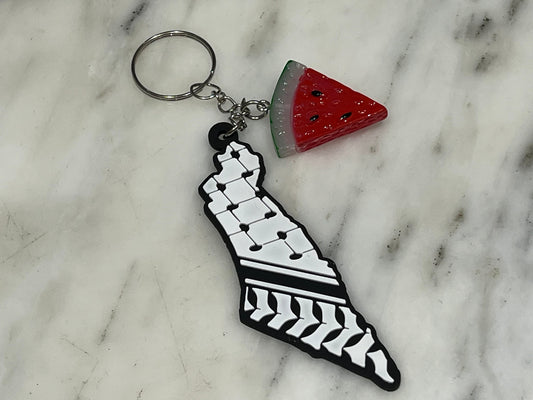 Palestinian Map with Keffiyeh Pattern Print Keychain - Palestine Keyring with Watermelon Charms - Palestinian Symbol Keychain Gift