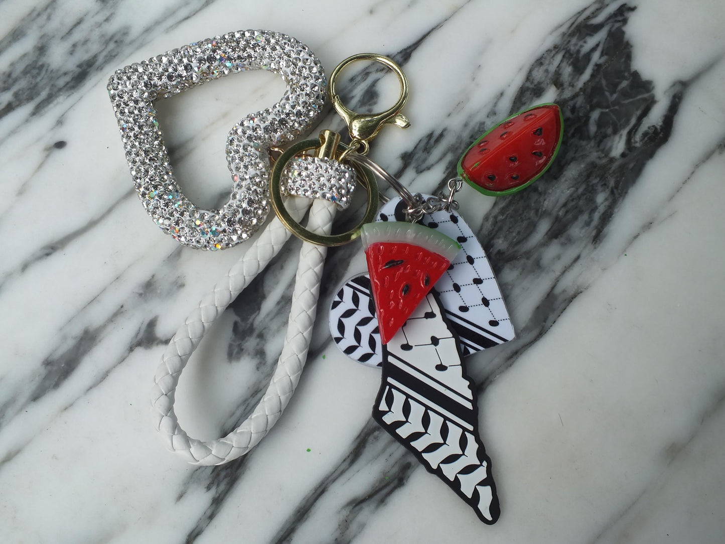 Palestine Keychain – Heart-Shaped Keffiyeh Acrylic + Watermelon Charm – Activist Gift with Love Heart Bag Charm - Gift for Supporter