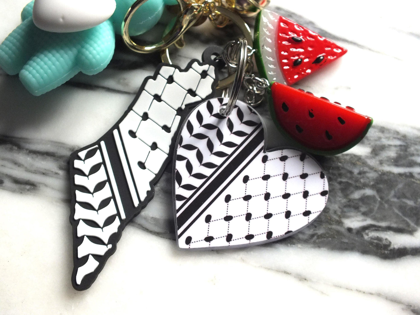 Teddy Bear Heart Keychain for Palestine – Keffiyeh Pattern + Watermelon Enamel Charms – Gift for Supporters and Activists for Gaza