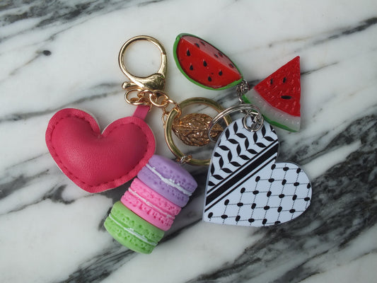 Soft Heart Keychain - Palestinian Symbol Keychain – Heart with Keffiyeh Pattern Print & Watermelon Charm – Handmade Political Gift