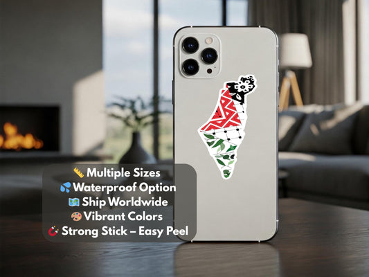 Pro Palestine Keffiyeh Decal – Cultural Symbol for Phone Case, Water Bottle, iPad, Skateboard, Car Window – Glossy Map of Palestine Sticker