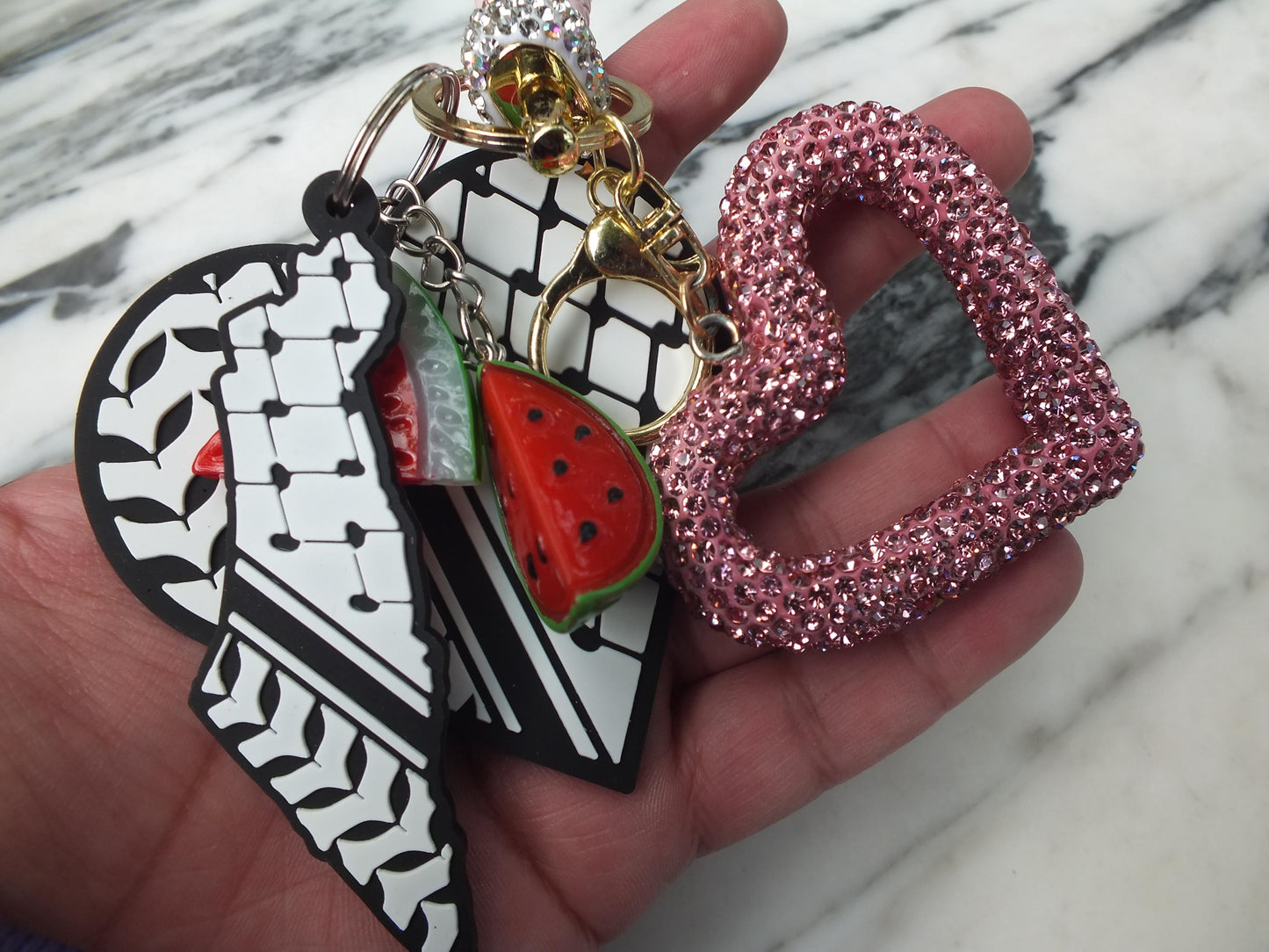 Palestine Keychain – Heart-Shaped Keffiyeh Acrylic + Watermelon Charm – Activist Gift with Love Heart Bag Charm - Gift for Supporter