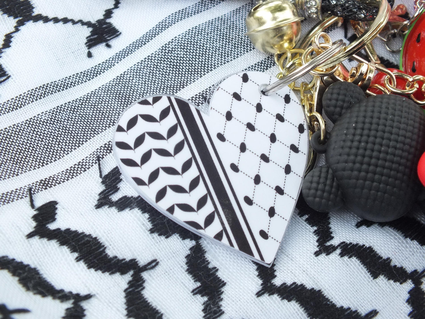 Cute Pro Palestine Keychain – Watermelon Enamel & Keffiyeh Acrylic Heart - Teddy Bear with Love Heart Bag Charm - Handmade Political Gift