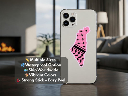 Die Cut Pink Keffiyeh Sticker – Activist Art for Laptop, Water Bottle, Car Window – Durable Glossy Resistance Symbol - Map of Palestine