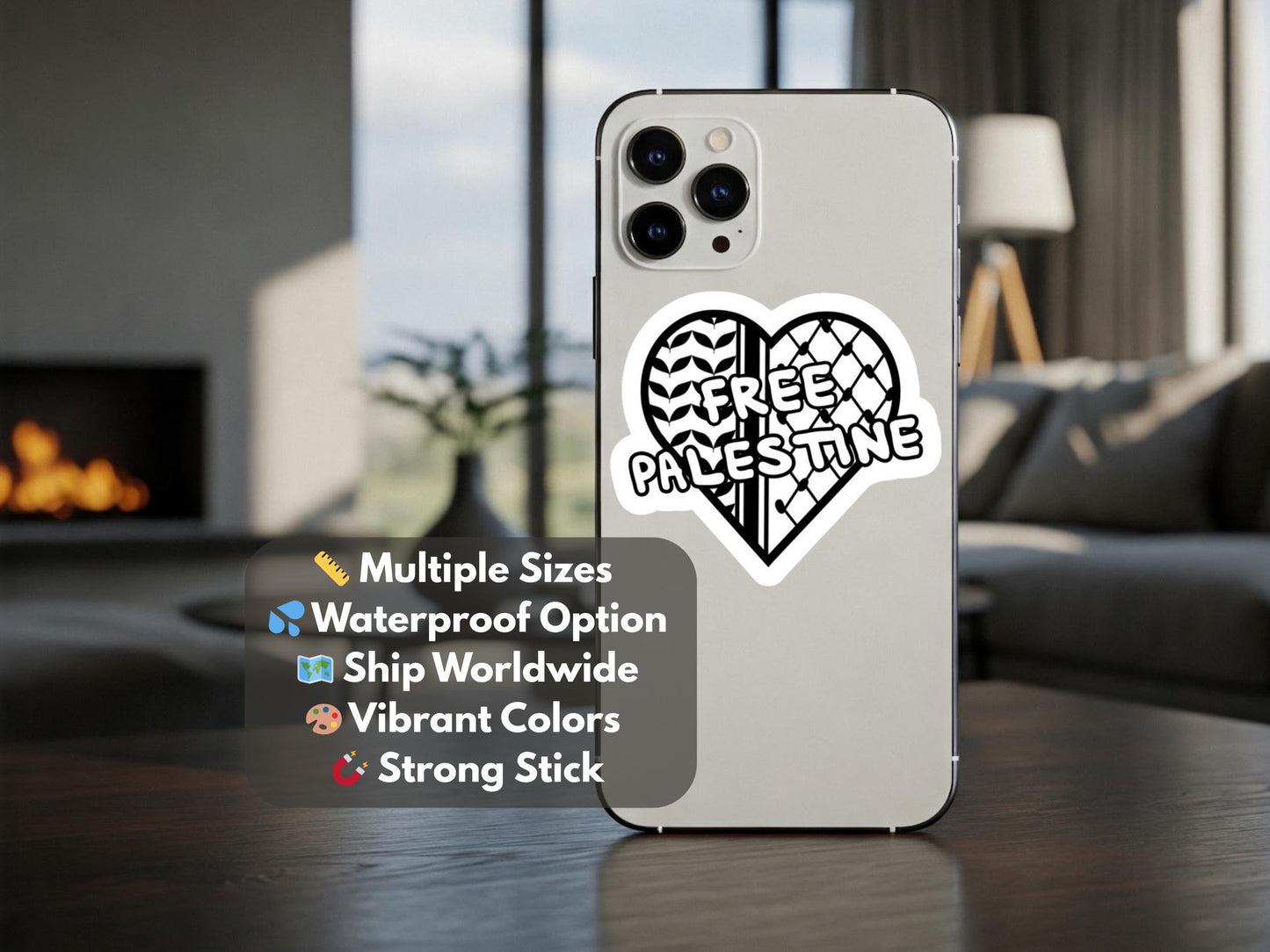Black White Free Palestine Kuffiya Heart Sticker – Waterproof Vinyl Decal or Splashproof Sticker | Palestinian Pattern Car Laptop Decal