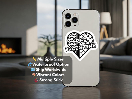 Black White Free Palestine Kuffiya Heart Sticker – Waterproof Vinyl Decal or Splashproof Sticker | Palestinian Pattern Car Laptop Decal