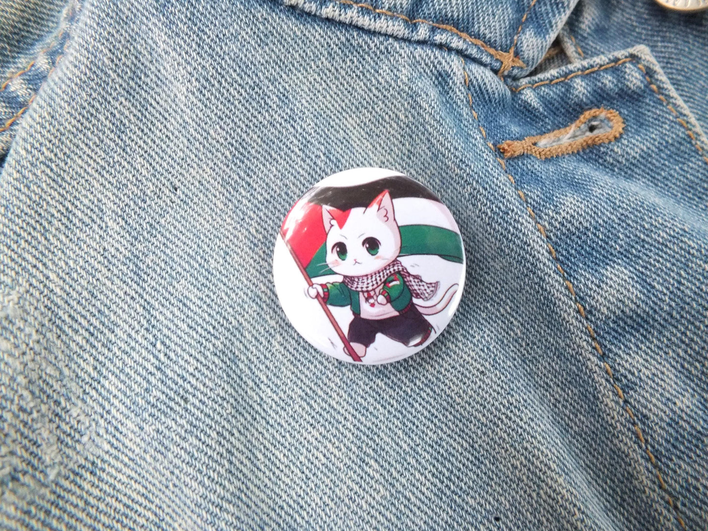 Palestinian Cat Badge – Keffiyeh Cat with Watermelon and Flag – Round Pin for Jacket or Backpack - Palestine Supporter Gift